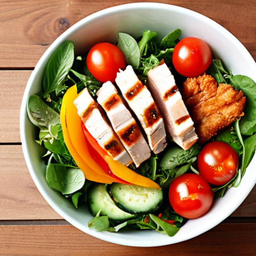 Home 15 **Healthy Fast Food Salad:** A vibrant salad bowl filled with mixed greens, grilled chicken strips, colorful vegetables (tomatoes, cucumbers, bell peppers), and a light vinaigrette dressing. The image should highlight the fresh ingredients and healthy composition, conveying a sense of nutritious convenience.
