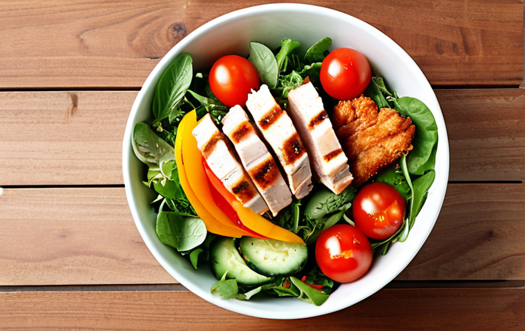 **Healthy Fast Food Salad:** A vibrant salad bowl filled with mixed greens, grilled chicken strips, colorful vegetables (tomatoes, cucumbers, bell peppers), and a light vinaigrette dressing. The image should highlight the fresh ingredients and healthy composition, conveying a sense of nutritious convenience.