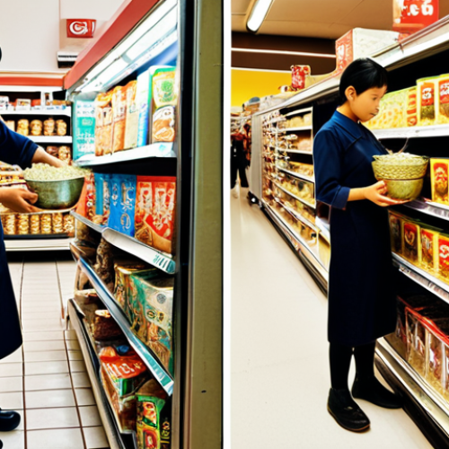 Home 14 **
A split image. On one side, a vintage photo of a humble kitchen with a family making noodles by hand. On the other side, a brightly lit modern supermarket aisle stacked with colorful instant noodle packages. The contrast highlights the evolution of instant food companies from small beginnings to large-scale production, emphasizing tradition versus convenience.
**