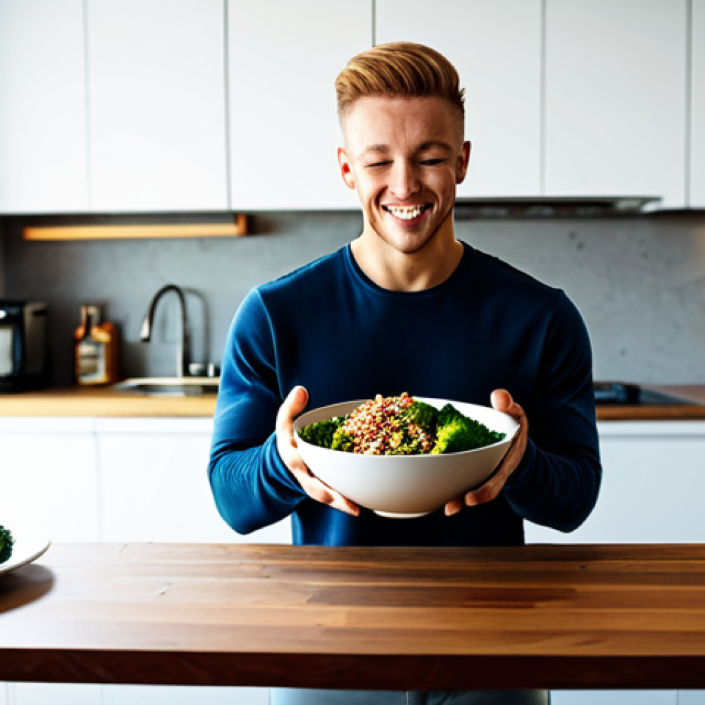 인스턴트 음식의 진화 - **Protein Power Bowl:** A vibrant, safe for work, photograph of a fully clothed athlete enjoying a r...