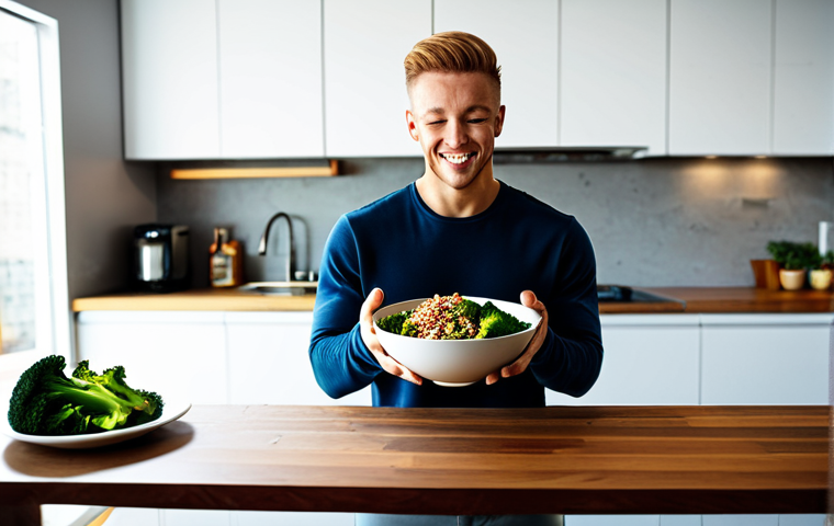 인스턴트 음식의 진화 - **Protein Power Bowl:** A vibrant, safe for work, photograph of a fully clothed athlete enjoying a r...